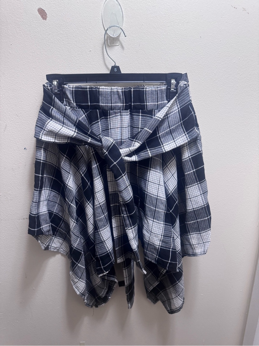 Asymmetrical Black & White Plaid Tie-Front Skirt